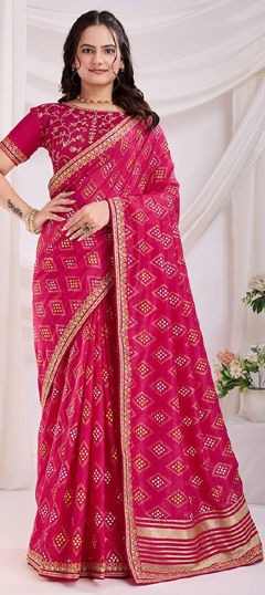 Pink and Majenta color Saree in Art Silk fabric with Bandhej, Embroidered, Printed, Thread work