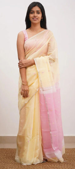 Beige and Brown color Saree in Linen fabric with Thread work