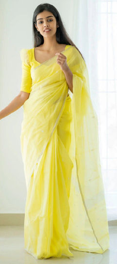 Yellow color Saree in Linen fabric with Thread work