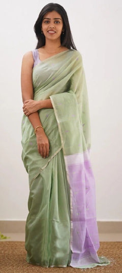 Green color Saree in Linen fabric with Thread work