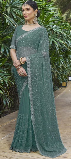 Green color Saree in Shimmer fabric with Embroidered, Resham, Thread work