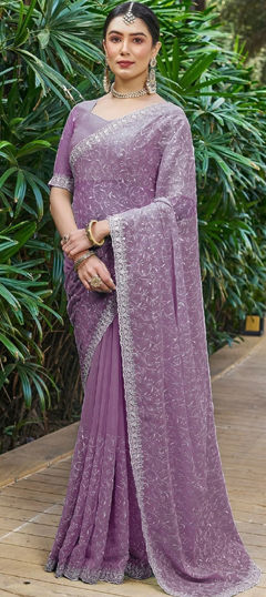 Purple and Violet color Saree in Shimmer fabric with Embroidered, Resham, Thread work