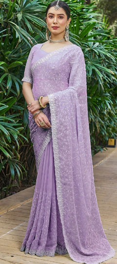 Purple and Violet color Saree in Shimmer fabric with Embroidered, Resham, Thread work