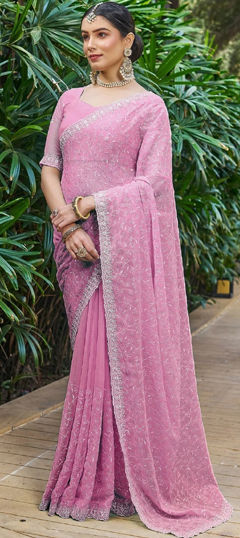 Pink and Majenta color Saree in Shimmer fabric with Embroidered, Resham, Thread work