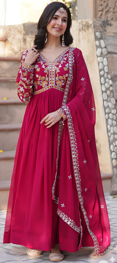 Pink and Majenta color Gown in Faux Georgette fabric with Embroidered, Sequence, Thread, Zari work
