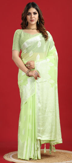 Green color Saree in Georgette fabric with Thread work