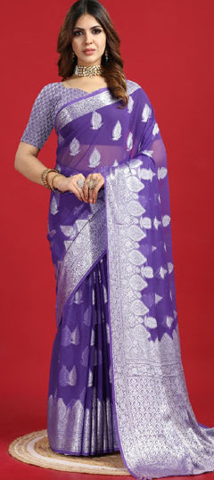 Purple and Violet color Saree in Georgette fabric with Thread work