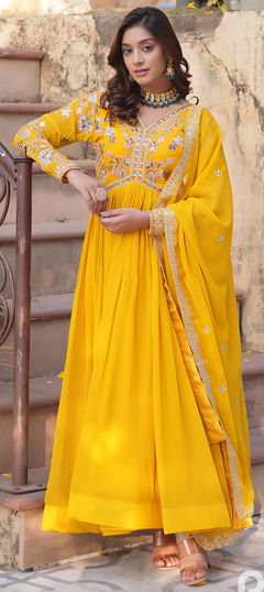 Yellow color Gown in Faux Georgette fabric with Embroidered, Sequence, Thread, Zari work
