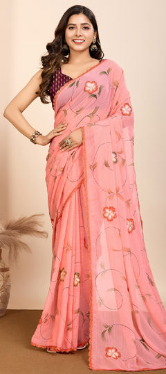 Pink and Majenta color Saree in Georgette fabric with Foil Print, Lace work