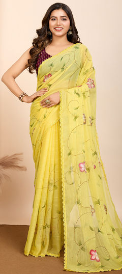 Yellow color Saree in Georgette fabric with Foil Print, Lace work