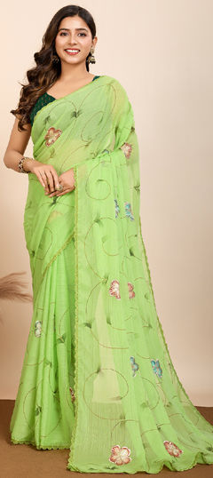 Green color Saree in Georgette fabric with Foil Print, Lace work