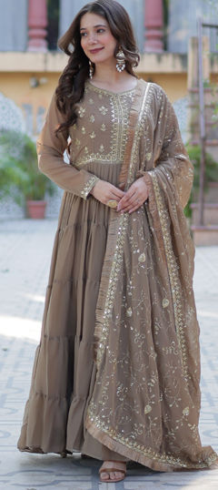 Beige and Brown color Gown in Georgette fabric with Embroidered, Sequence, Thread work