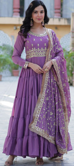 Purple and Violet color Gown in Georgette fabric with Embroidered, Sequence, Thread work