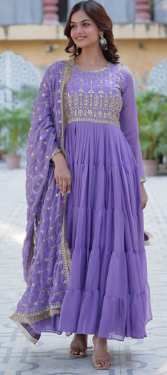 Blue color Gown in Georgette fabric with Embroidered, Sequence, Thread work