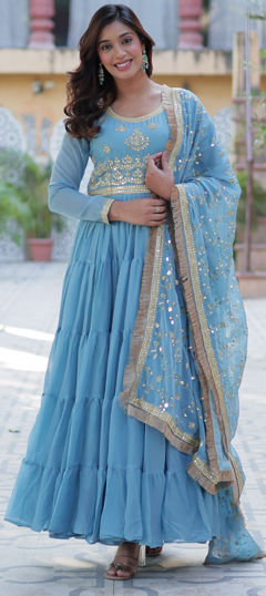 Blue color Gown in Georgette fabric with Embroidered, Sequence, Thread work