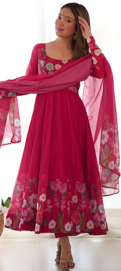 Pink and Majenta color Salwar Kameez in Organza Silk fabric with Floral, Printed work