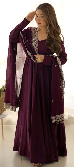 Purple and Violet color Salwar Kameez in Chanderi Silk fabric with Embroidered, Sequence, Thread work