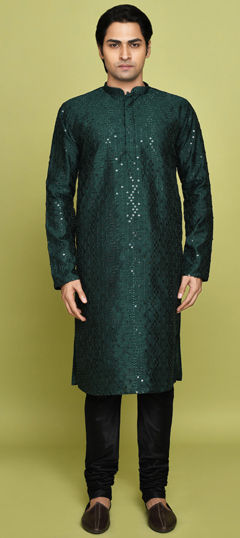 Green color Kurta Pyjamas in Art Dupion Silk fabric with Sequence work