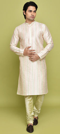 Beige and Brown color Kurta Pyjamas in Art Dupion Silk fabric with Embroidered work