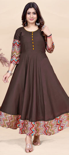 Beige and Brown color Kurti in Rayon fabric with Printed work