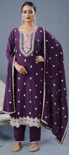 Purple and Violet color Salwar Kameez in Silk fabric with Embroidered, Resham, Sequence, Thread work