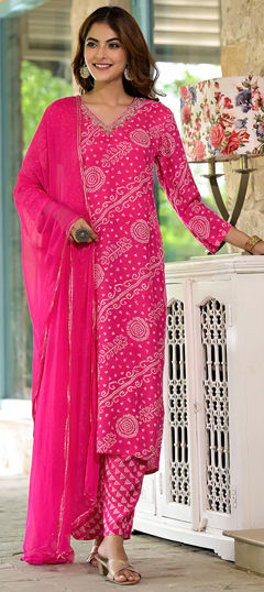 Pink and Majenta color Salwar Kameez in Blended fabric with Bandhej, Printed, Sequence work