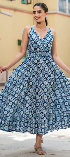 Blue color Dress in Cotton fabric with Printed work