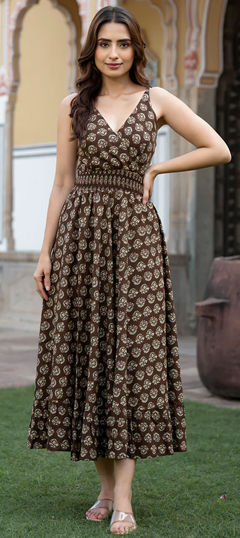 Beige and Brown color Dress in Cotton fabric with Printed work