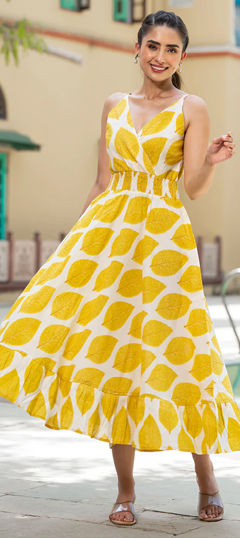 White and Off White, Yellow color Dress in Cotton fabric with Printed work