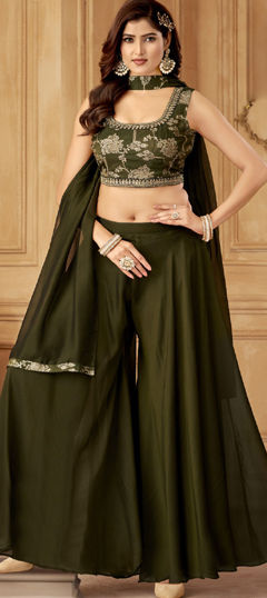 Green color Salwar Kameez in Silk fabric with Bugle Beads, Stone, Thread, Weaving, Zari work