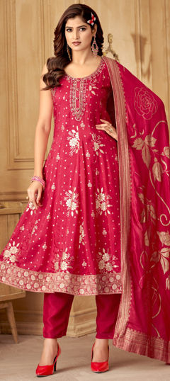 Pink and Majenta color Salwar Kameez in Silk fabric with Bugle Beads, Stone, Thread, Weaving work