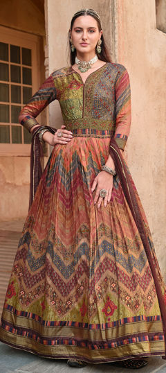 Multicolor color Gown in Silk fabric with Embroidered, Foil Print, Resham, Stone, Zari work