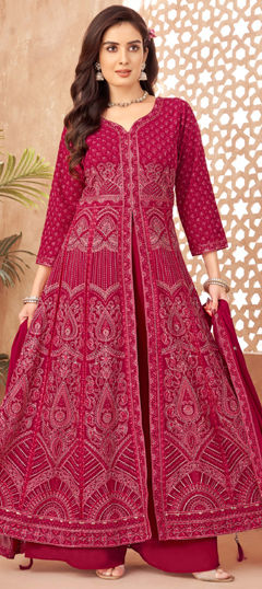 Red and Maroon color Salwar Kameez in Georgette fabric with Bugle Beads, Stone, Thread, Weaving, Zari work