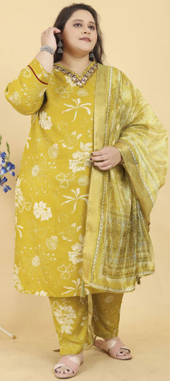 Yellow color Salwar Kameez in Rayon fabric with Digital Print, Embroidered, Floral, Thread work