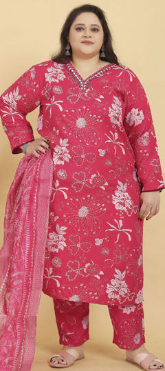 Pink and Majenta color Salwar Kameez in Rayon fabric with Digital Print, Embroidered, Floral, Thread work