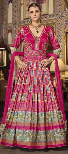 Pink and Majenta color Gown in Silk fabric with Embroidered, Foil Print, Resham, Stone, Zari work