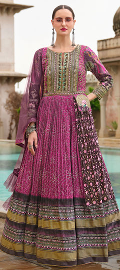 Pink and Majenta, Purple and Violet color Gown in Silk fabric with Embroidered, Foil Print, Resham, Stone, Zari work
