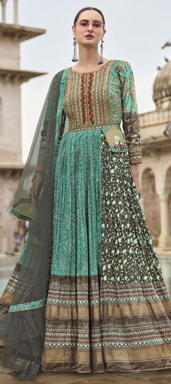 Green color Gown in Silk fabric with Embroidered, Foil Print, Resham, Stone, Zari work