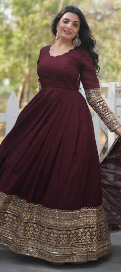 Red and Maroon color Salwar Kameez in Silk fabric with Embroidered, Resham, Sequence, Thread work