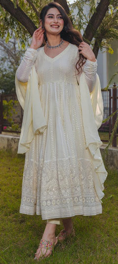 White and Off White color Salwar Kameez in Georgette fabric with Embroidered, Resham, Sequence, Thread work