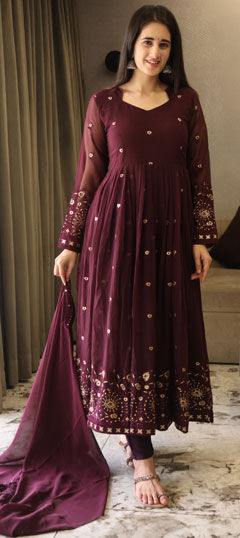 Purple and Violet color Salwar Kameez in Georgette fabric with Embroidered, Resham, Sequence, Thread work