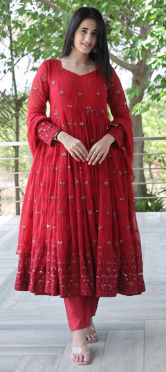 Red and Maroon color Salwar Kameez in Georgette fabric with Embroidered, Resham, Sequence, Thread work