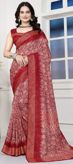 Red and Maroon color Saree in Art Silk fabric with Floral, Printed, Weaving work