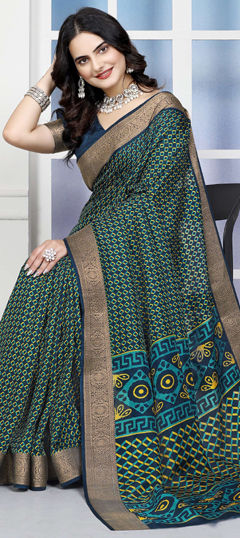 Blue color Saree in Art Silk fabric with Printed, Weaving work