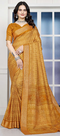 Yellow color Saree in Art Silk fabric with Printed, Weaving work