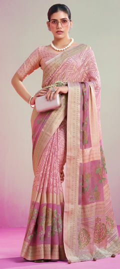 Pink and Majenta color Saree in Georgette fabric with Floral, Printed, Weaving, Zari work