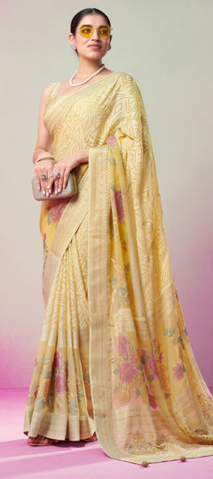 Yellow color Saree in Georgette fabric with Floral, Printed, Weaving, Zari work