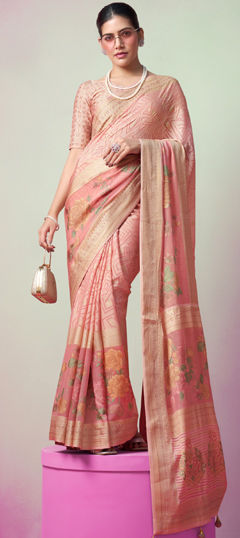 Pink and Majenta color Saree in Georgette fabric with Floral, Printed, Weaving, Zari work