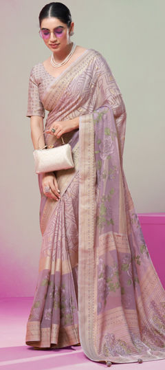 Purple and Violet color Saree in Georgette fabric with Floral, Printed, Weaving, Zari work