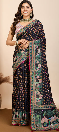 Black and Grey color Saree in Muslin fabric with Digital Print work